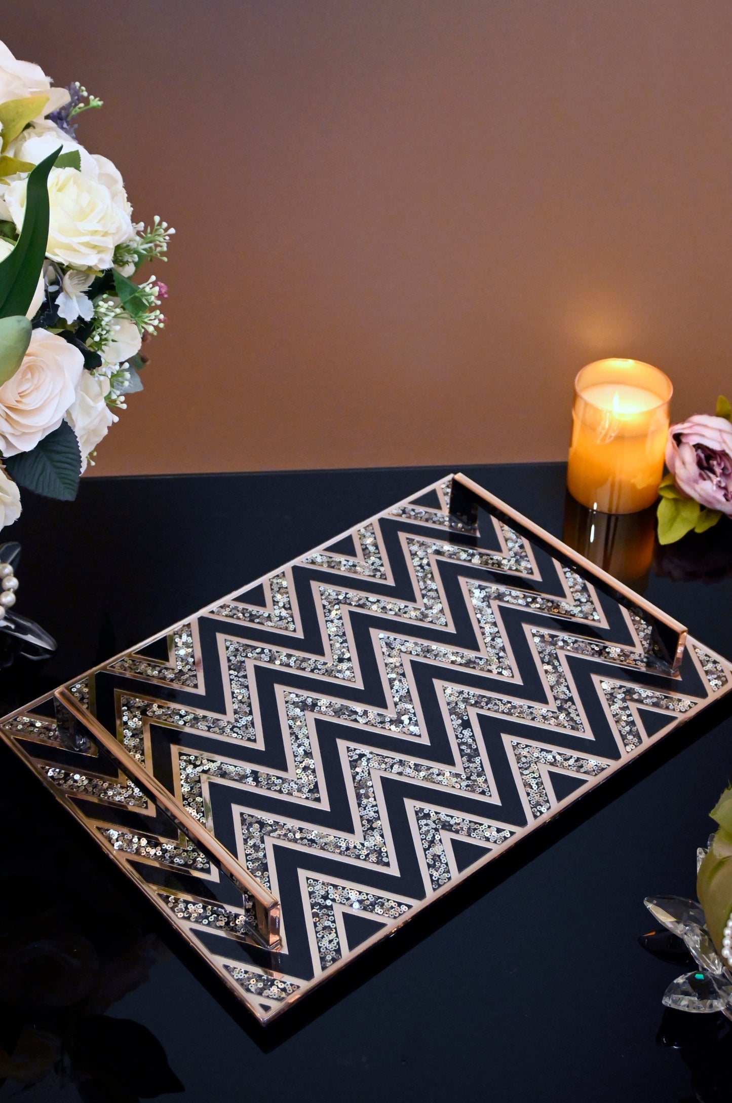 Black & Rose Gold Sequins Chevron: Large Tray