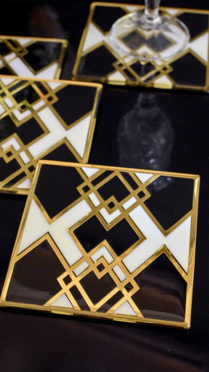 Black & White Gold Rhombus: Coaster (Set Of 4)