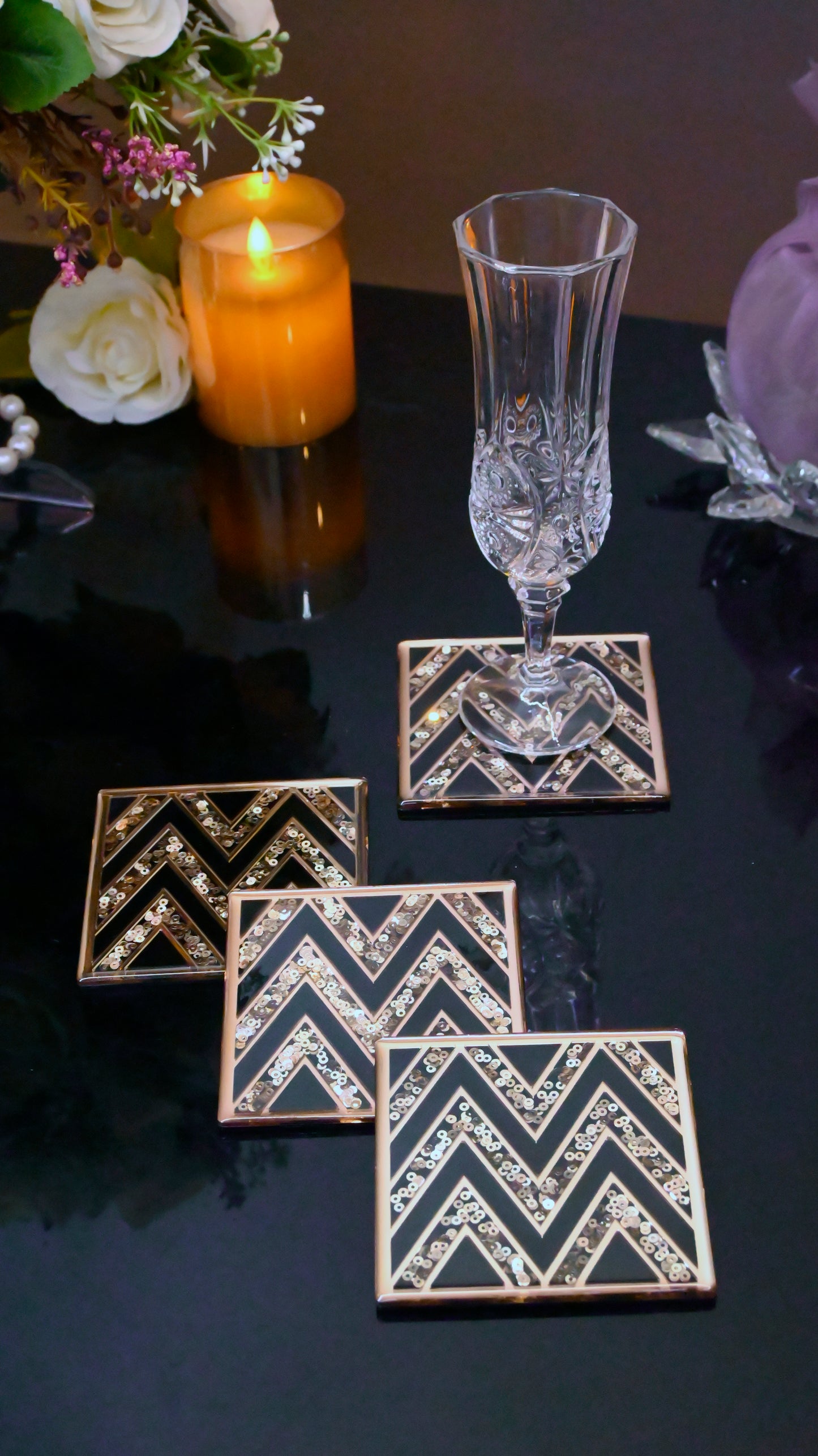 Black & Rose Gold Sequins Chevron: Coaster (Set Of 4)