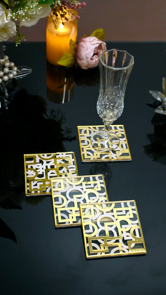Blocks White & Gold: Square Coaster (Set Of 4)