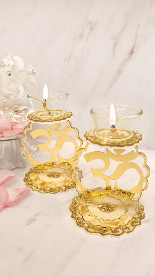 Rose Stones Golden: Om Single Diya (Set Of 2)