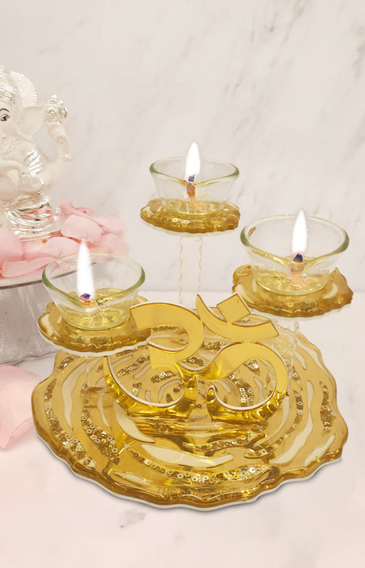 White & Gold Rosette: Om 3 Stand Diya