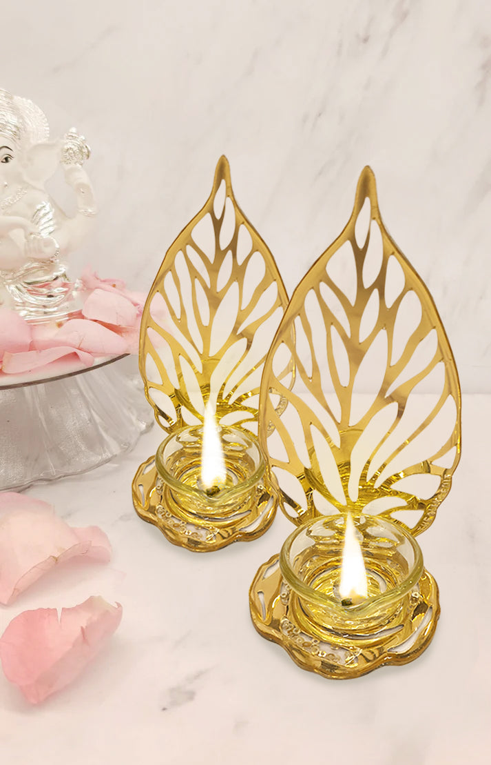 Rosette Gold: Standing Leaf Diya (Set Of 2)