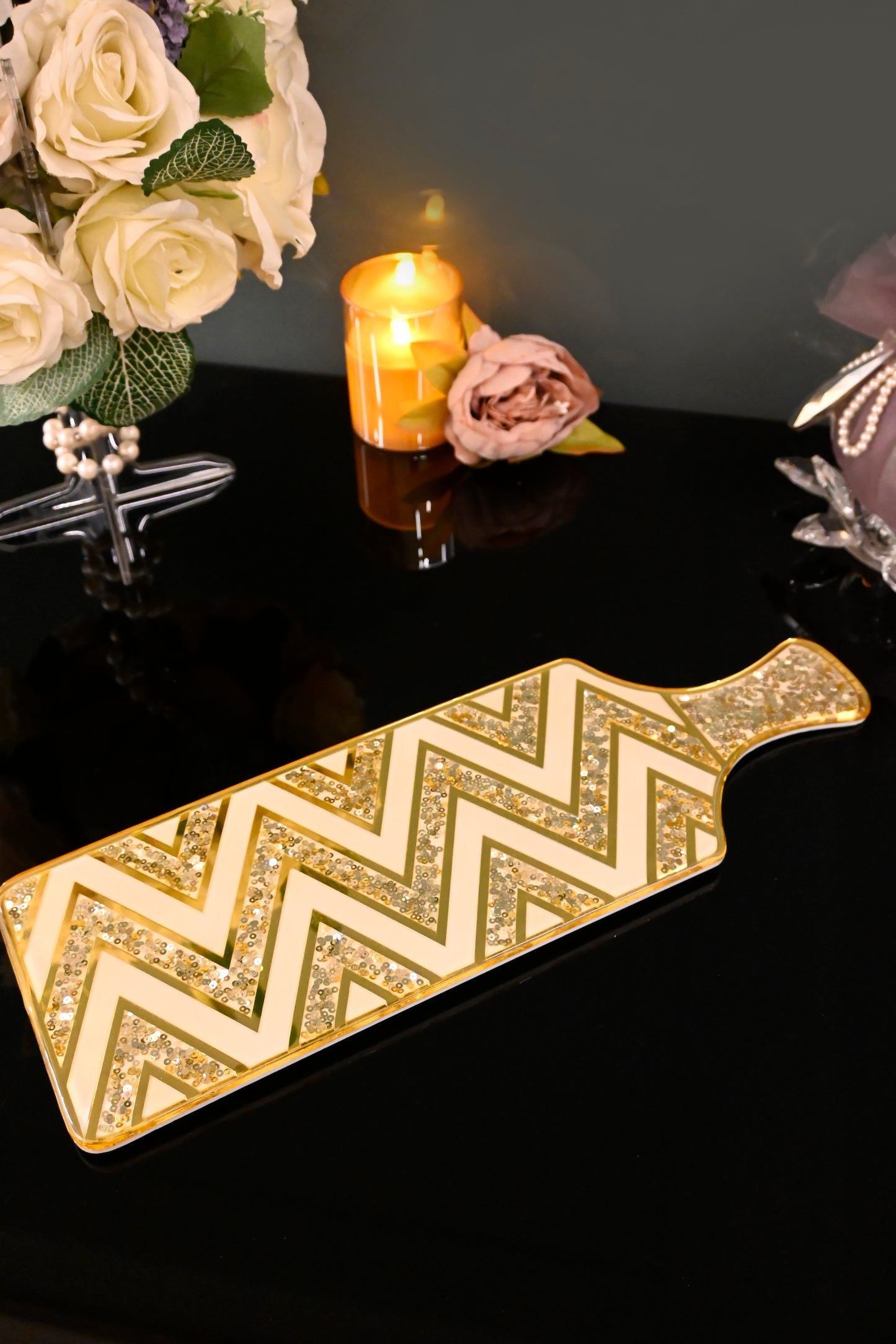 White & Gold Sequins Chevron: Bat Platter